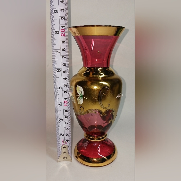 20" Glass Bohemian Style Hand Painted Vase Gold Enamelled Flowers - Picture 6 of 6